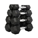 Warrior Rubber Hex Dumbbell Set w/ Rack (5-50lbs)